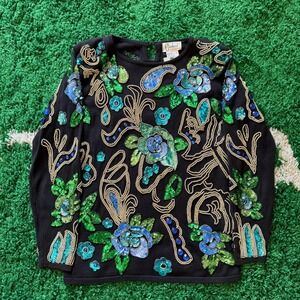 Carducci Vintage Beaded Sequin Embellished Knit Sweater Top - Small